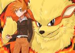  1boy arcanine bangs belt belt_buckle blue_oak breast_pocket brown_jacket buckle closed_mouth commentary_request dated hand_in_pocket holding holding_poke_ball jacket jewelry long_sleeves m12ki male_focus necklace orange_hair orange_pants pants pocket poke_ball poke_ball_(basic) pokemon pokemon_(creature) pokemon_(game) pokemon_hgss short_hair smile spiked_hair watermark 