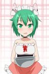  1girl alternate_costume anime_coloring antennae bangs black_choker blush bowl breasts cato_(monocatienus) choker commentary_request cowboy_shot frilled_skirt frills green_eyes green_hair hair_between_eyes highres holding holding_bowl looking_at_viewer maid_headdress medium_breasts open_mouth pink_skirt plaid plaid_background short_hair skirt solo strapless sweat touhou tube_top underbust white_background white_tube_top wriggle_nightbug 