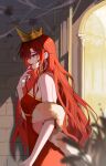  1girl absurdres bug butterfly crown dress earrings feather_boa heart hearts_(i_became_a_god_in_a_horror_game) highres jewelry long_hair procreate_(medium) profile purple_eyes red_dress red_hair red_lips solo weichenhuanxiaobai 