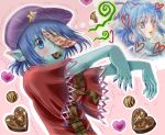 2girls @_@ bangs blue_dress blue_eyes blue_hair blue_skin blush cabbie_hat candy chinese_clothes chocolate closed_mouth colored_skin commentary_request dress fingerless_gloves food gloves hair_ornament hair_rings hair_stick hat hat_ornament heart heart-shaped_chocolate highres jiangshi kaku_seiga lace-trimmed_sleeves lace_trim looking_at_viewer medium_hair misaki_(originalsin) miyako_yoshika multiple_girls nail_polish ofuda outstretched_arms pointy_ears purple_headwear purple_nails red_shirt shirt short_hair short_sleeves star_(symbol) star_hat_ornament tangzhuang touhou translation_request trembling upper_body wavy_mouth wide_sleeves zombie_pose 