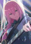  1girl aged_up blue_eyes blue_hoodie bocchi_the_rock! breasts closed_mouth earrings electric_guitar gotou_hitori guitar hair_between_eyes highres holding holding_instrument hood hood_down hoodie instrument jewelry large_breasts long_hair long_sleeves lowlifescore music pink_hair playing_instrument serious solo sweatdrop upper_body 