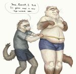  2019 anthro belly bottomwear boxer_briefs briefs briefs_only cettus clothed clothing dialogue domestic_ferret duo english_text fur holding_object male male/male mammal measuring moobs mustelid musteline overweight overweight_anthro overweight_male shirt shorts simple_background size_difference smile speech_bubble standing tape_measure text topless topwear true_musteline underwear underwear_only weasel white_background white_body white_fur 