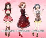  3girls :p azumi_(girls_und_panzer) bag bangs black_dress black_footwear black_hair black_overalls black_ribbon blue_eyes boots brown_footwear brown_hair bubble_skirt chocolate chocolate_banana dress english_text food frilled_shirt frills from_side fruit girls_und_panzer girls_und_panzer_senshadou_daisakusen! grey_eyes grey_hair hair_ornament hairclip handbag hat heart heel_up high_heels holding holding_food holding_fruit holding_spoon juliet_sleeves knee_boots licking_lips long_hair long_sleeves medium_dress medium_hair megumi_(girls_und_panzer) multiple_girls neck_ribbon official_alternate_costume official_art overall_shorts overalls pantyhose pantyhose_under_shorts parted_bangs pink-framed_eyewear pink_background print_overalls puffy_sleeves red_dress red_footwear red_headwear ribbon rumi_(girls_und_panzer) shirt shoes short_hair short_sleeves skirt spoon star_(symbol) striped striped_pantyhose sunglasses swept_bangs tinted_eyewear tongue tongue_out translated valentine vertical-striped_pantyhose vertical_stripes watermark white_shirt wing_collar x_hair_ornament yellow-tinted_eyewear yellow_pantyhose 