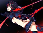  1girl ass back black_background black_hair boots breasts commentary from_behind gradient_background holding holding_weapon kill_la_kill matoi_ryuuko microskirt midriff multicolored_hair optionaltypo pleated_skirt red_background red_hair revealing_clothes school_uniform scissor_blade_(kill_la_kill) senketsu serafuku short_hair simple_background skirt solo streaked_hair suspenders thigh_boots two-tone_hair underboob weapon 