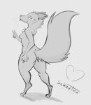  &lt;3 2022 5_fingers anthro areola artist_name big_tail biped butt canid canine chest_tuft digital_media_(artwork) female fingers fox full-length_portrait fur gesture greyscale hi_res hindpaw looking_at_viewer looking_back looking_back_at_viewer mammal monochrome nipples nude paws portrait rear_view schmutzo solo standing tail tongue tongue_out tuft v_sign 