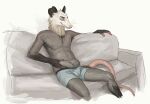  2019 anthro black_ears bottomwear brown_body brown_fur cettus clothed clothing didelphid fur furniture hi_res holding_stomach male mammal marsupial shorts simple_background sitting slightly_chubby slightly_chubby_anthro slightly_chubby_male smile sofa solo tail topless white_background white_head 