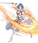  1girl blue_eyes blue_hair boots breasts elbow_gloves fingerless_gloves fire_emblem fire_emblem:_radiant_dawn fire_emblem_heroes gloves highres jewelry lucia_(fire_emblem) medium_breasts necklace non-web_source official_art short_hair solo sword takaya_tomohide thigh_boots transparent_background weapon 