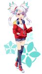  aqua_hair asymmetrical_hair collarbone fang floral_background hair_flaps hand_in_pocket headphones highres hood hoodie magatama_hair_ornament mikage_baku multicolored_hair red_eyes red_hoodie shirt shoes shorts sleeves_past_wrists sneakers tenka_hyakken thick_eyebrows thighhighs tsuda_echizen-no-kami_sukehiro twintails two-tone_hair walking white_hair white_shirt 