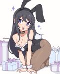  1girl animal_ears black_choker black_hair black_pantyhose box breasts choker cleavage cremanata gift gift_box highres kneeling long_hair open_mouth pantyhose playboy_bunny purple_eyes rabbit_ears sakurajima_mai seishun_buta_yarou simple_background teeth upper_teeth_only 