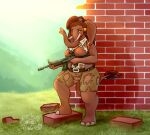  absurd_res against_surface against_wall anthro breasts brown_body chubby_female clothed clothing elephant elephantid female genitals gun hi_res mailoshy mammal military outside proboscidean pussy ranged_weapon rifle slightly_chubby solo weapon 