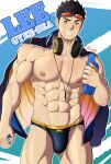  1boy abs absurdres alternate_costume artist_name bara biceps black_hair blue_background bulge english_text feet_out_of_frame grelxb gyee headphones highres jacket large_pectorals lee_(gyee) male_focus male_swimwear manly mature_male muscular muscular_male navel nipples official_alternate_costume open_clothes open_jacket orange_eyes pectorals simple_background smile solo spiked_hair summer_lee(gyee) swim_briefs thick_arms thick_eyebrows thick_thighs thighs twitter_username upper_body white_background 