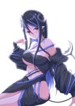  1girl 774_inc. absurdres bangs belt black_bandeau black_belt black_hair black_jacket black_skirt blue_belt blue_hair blush breasts brown_eyes chest_belt cleavage closed_mouth commentary_request cowboy_shot curled_horns demon_girl demon_horns demon_tail grey_horns hair_between_eyes hebiyoi_tier highres hip_vent horns jacket large_breasts long_hair long_sleeves looking_at_viewer multicolored_hair natsuki_aya navel off_shoulder open_clothes open_jacket pointy_ears red_nails sidelocks simple_background skirt smile snake_bite solo sugar_lyric tail two-tone_hair underboob virtual_youtuber white_background 