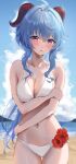  1girl absurdres ahoge arm_under_breasts bangs bare_arms bare_shoulders beach bikini blue_hair blue_sky blurry blurry_background breasts cleavage cloud cowboy_shot day flower ganyu_(genshin_impact) genshin_impact goat_horns gradient_eyes hibiscus highres holding_own_arm horns long_hair looking_at_viewer medium_breasts multicolored_eyes navel ocean outdoors ponytail purple_eyes red_flower sidelocks skindentation sky solo stomach string_bikini swimsuit thighs wet white_bikini yamamoto_(ymmt_is_sexy) 