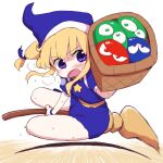  1girl basket blonde_hair blue_eyes blue_headwear blue_robe blue_wristband blush broom broom_riding dokan_(dkn) hat long_hair open_mouth puyo_(puyopuyo) puyopuyo robe solo star_(symbol) sweat white_background witch witch_(puyopuyo) witch_hat wristband 