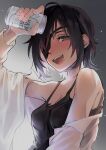  1girl beer_can black_hair black_tank_top blue_eyes blush breasts can chainsaw_man collared_shirt drunk eyepatch highres himeno_(chainsaw_man) holding holding_can looking_at_viewer medium_breasts nida_2da off_shoulder open_mouth shirt short_hair smile solo tank_top wet wet_clothes white_shirt 