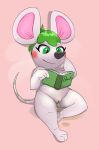  2023 absurd_res animal_crossing anthro big_ears bodily_fluids book bree_(animal_crossing) female front_view full-length_portrait fur genital_fluids genitals green_eyes green_hair hair hi_res honeymono mammal mouse murid murine nintendo nude peeing portrait pussy reading rodent solo urine watersports white_body white_fur 