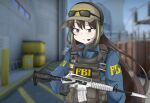  1girl armor artist_name assault_rifle bangs baseball_cap blue_jacket body_armor brown_eyes brown_hair counter-strike_(series) counter_strike:_global_offensive english_commentary eyewear_on_head fbi gameplay_mechanics girls&#039;_frontline gun hair_between_eyes hat headset jacket long_hair m4_carbine m4a1_(girls&#039;_frontline) magazine_(weapon) multicolored_hair nuclear_powerplant outdoors plate_carrier pouch power_lines radio ribbed_sweater rifle road shipping_container sidelocks snap-fit_buckle solo sp4rk stanag_magazine streaked_hair sunglasses suppressor sweater trigger_discipline upper_body very_long_hair walkie-talkie weapon 