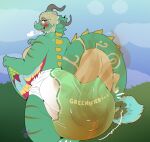  absurd_res anthro blush brown_eyes diaper dragon feathers feces female green_body green_diaper hi_res horn looking_back maynara messy_diaper mostly_nude open_mouth rune_factory scalie slightly_chubby smelly soiling solo stink_lines tail tail_tuft tuft ventuswill 