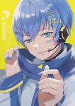  1boy ashika_(yftcc948) blue_eyes blue_hair blue_nails blue_scarf character_name coat hair_ornament hairpin happy_birthday headphones headset highres kaito_(vocaloid) looking_at_viewer male_focus nail_polish scarf see-through short_hair smile solo star_tattoo tattoo teeth vocaloid yellow_background 