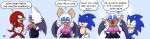  2023 anthro bat breasts cleavage clothed clothing comic dialogue echidna english_text eulipotyphlan female group hand_on_face hedgehog hi_res humor knuckles_the_echidna male mammal monotreme rouge_the_bat sega sonic_the_hedgehog sonic_the_hedgehog_(series) text trio yotomoe 