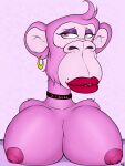  2022 anthro ape bedroom_eyes bored_ape_yacht_club cheek_tuft choker choker_only clothing digital_media_(artwork) ear_piercing english_text facial_tuft female fur gold_(metal) gold_tooth hair half-length_portrait haplorhine hi_res jewelry lips looking_aside mammal markings maxhe mole_(marking) monkey narrowed_eyes necklace necklace_only nft nft_monkey nude parody piercing pink_body pink_eyes pink_fur portrait primate seductive simple_background smile solo story story_in_description tan_body tan_skin text thick_lips topwear tuft 