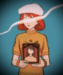  1girl ace_attorney beret bracelet hat holding holding_photo iei ini_miney jewelry mimi_miney open_mouth orange_lips phoenix_wright:_ace_attorney_-_justice_for_all photo_(object) portrait_(object) red_hair renshu_usodayo short_sleeves simple_background smoke solo sweater white_headwear yellow_sweater 