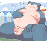  2023 anthro balls belly big_belly detailed_background erection eyes_closed generation_1_pokemon genitals hi_res humanoid_genitalia humanoid_hands humanoid_penis kemono male moobs navel nintendo nipples outside overweight overweight_male penis pokemon pokemon_(species) sitting sleeping small_penis snco333 snorlax 