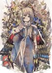  1boy ame_sato blue_eyes blue_flower bluebell_(flower) blush brown_hair bug butterfly butterfly_wings circlet cloak fate/grand_order fate_(series) flower fur-trimmed_cloak fur_trim male_focus mushroom oberon_(fate) robe short_hair signature smile solo wings 