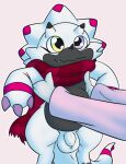  anthro balls bandai_namco belly digimon digimon_(species) duo flaccid foreskin gammamon genitals heterochromia hi_res horn human lifting male mammal mrpandragon penis scarf slightly_chubby smile white_body 