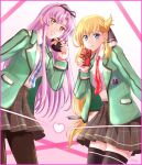  2girls agnes_claudel blonde_hair blue_eyes bow box box_of_chocolates chocolate eiyuu_densetsu gift hair_bow hair_bun heart holding holding_gift jacket kuro_no_kiseki kuro_no_kiseki_ii long_hair looking_at_viewer low_ponytail multiple_girls necktie purple_hair renne_(eiyuu_densetsu) skirt smile thighhighs uniform xiacheng_tatsuya yellow_eyes 