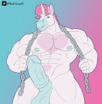  abs absurd_res anthro balls biceps big_muscles chain equid equine erection genitals hair hi_res horn male mammal muscular muscular_anthro muscular_male nipples nude pecs penis pink_hair simple_background solo unibro_pi unibro_pi_(character) unicorn 