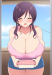  1girl :d aikome_(haikome) areola_slip bangs bare_arms bare_shoulders blue_shorts blue_sky blurry blurry_background blush breasts breasts_squeezed_together camisole cleavage closed_eyes collarbone commission covered_nipples cowboy_shot curly_hair day earrings eyelashes food hair_between_eyes highres holding holding_food huge_breasts huge_nipples jewelry leaning_forward lips long_hair looking_at_viewer mature_female mole mole_on_breast no_bra open_mouth original pink_camisole purple_hair shiny_skin short_shorts shorts sidelocks skeb_commission sky smile spaghetti_strap standing swept_bangs thigh_gap 
