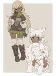  animal_ears arm_warmers bangs belt blonde_hair blush boots border branch_(blackrabbits) breasts brown_eyes center_opening character_request cowl dark-skinned_female dark_skin extra_ears gloves grey_background hood miniskirt navel panties pantyshot partially_colored pleated_skirt short_sleeves simple_background skirt small_breasts squatting thighhighs tree_of_savior twintails underwear upskirt white_border zettai_ryouiki 