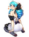  1girl ass backboob bangs bare_shoulders black_bow black_gloves blushyspicy bow breasts detached_sleeves dress drill_hair frilled_dress frilled_sleeves frills from_behind gloves green_eyes green_hair grin gwen_(league_of_legends) hair_bow heart large_breasts league_of_legends long_hair looking_at_viewer looking_back no_shoes simple_background sitting smile solo strapless strapless_dress teeth twin_drills twintails 