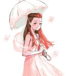  1girl ace_attorney bare_shoulders blush braid bug butterfly closed_mouth dahlia_hawthorne dress highres holding holding_umbrella long_hair looking_at_viewer parasol phoenix_wright:_ace_attorney_-_trials_and_tribulations red_eyes red_hair renshu_usodayo shawl simple_background smile solo umbrella white_background white_dress 