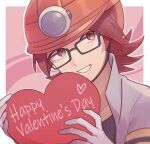  1boy black-framed_eyewear black_shirt border commentary_request glasses gloves grey_jacket grin hands_up happy_valentine heart helmet highres holding jacket male_focus medium_hair orange_headwear outline outside_border pokemon pokemon_(game) pokemon_dppt red_eyes red_hair roark_(pokemon) shirt sioinari_03 smile solo teeth upper_body valentine white_border 