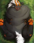  &lt;3 ambiguous_gender artist_name belly belly_hug big_belly blush claws dragon eyes_closed facial_markings featureless_crotch feral front_view fur grey_body grey_ears head_markings hi_res holding_belly horn huge_belly hyper hyper_belly lying mane markings motion_lines on_back orange_claws orange_horn orange_markings orange_pawpads pawpads roobin semi-anthro simple_background solo white_body white_fur white_mane 