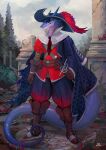  2023 absurd_res artist_name boots bottomwear cape clothing cloud dated digital_media_(artwork) dragon footwear gloves handwear hat headgear headwear hi_res long_tail multicolored_body musketeer outside pants plant plive ruins scalie signature tail topwear tree 