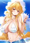  1girl absurdres animal bare_arms bare_shoulders bikini bird blonde_hair breasts chick choker cleavage cloud criss-cross_halter day earrings feathered_wings halterneck hands_up hibiki_(vtuber) highres jewelry large_breasts long_hair looking_at_viewer low_wings meridian_project navel necklace open_fly oukafafafa outdoors parted_lips pointy_ears ponytail red_eyes side-tie_bikini_bottom solo stomach string_bikini swimsuit upper_body v virtual_youtuber wet white_bikini white_choker wings 