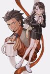  1boy 1girl ace_attorney asymmetrical_bangs bangs black_jacket blush breasts brown_hair cleavage closed_mouth coffee coffee_mug cup diego_armando earrings facial_hair formal furrowed_brow highres holding holding_cup jacket jewelry long_hair long_sleeves looking_at_viewer magatama mia_fey mole mole_under_mouth mug necklace necktie pencil_skirt phoenix_wright:_ace_attorney_-_trials_and_tribulations renshu_usodayo scarf shirt shoes short_hair simple_background skirt skirt_suit smile suit vest yellow_scarf 