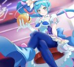  absurdres apron blue_eyes blue_footwear blue_hair blue_pantyhose boots breasts brooch burger chair crossed_legs cure_spicy delicious_party_precure dress food fuwa_kokone gloves heart_brooch high_ponytail highres huge_bow jewelry looking_at_viewer magical_girl okayu_(joneydcd) pantyhose precure puffy_short_sleeves puffy_sleeves short_sleeves side_ponytail single_hair_ring sitting small_breasts smile thighband_pantyhose white_gloves 