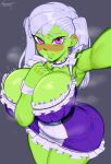  1girl absurdres arm_between_breasts artist_name between_breasts blush breasts cheelai colored_skin dragon_ball dragon_ball_super dragon_ball_super_broly ear_blush green_skin grey_background grey_hair highres large_breasts long_hair looking_at_viewer maid nezulet pink_eyes simple_background solo steaming_body sweat twintails wrist_cuffs 