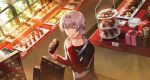  1boy berry cake cake_slice candy chocolate chocolate_bar fingernails food gift grey_hair hair_between_eyes highres holding holding_candy holding_food idolmaster idolmaster_side-m idolmaster_side-m_growing_stars kizaki_ren long_sleeves male_focus official_art plate shirt sunlight window yellow_eyes 