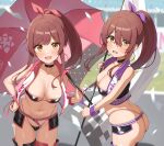  2girls absurdres ass bangs bare_shoulders bikini black_bikini black_choker black_pantyhose blurry blurry_background blurry_foreground blush boots breasts brown_hair choker cleavage clothes_writing collarbone commentary_request confetti cropped_jacket cropped_vest day dot_nose earrings flag from_side gradient_hair hair_between_eyes hair_ribbon hand_on_hip high_ponytail highleg highleg_bikini highleg_panties highres holding holding_umbrella hoop_earrings idolmaster idolmaster_shiny_colors jewelry long_hair looking_at_viewer looking_back medium_breasts multicolored_hair multiple_girls nail_polish navel official_alternate_hairstyle open_mouth osaki_amana osaki_tenka outdoors panties pantyhose pink_bikini ponytail purple_hair race_queen raised_eyebrow raised_eyebrows red_hair revealing_clothes ribbon siblings skindentation smile standing swept_bangs swimsuit thigh_boots thighs thong twins twisted_torso two-tone_bikini umbrella underwear very_long_hair vest wanimaru wavy_mouth wrist_cuffs yellow_eyes 
