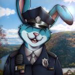  anthro blue_body blue_fur clothing fur hi_res jebbthefoxy lagomorph leporid light male mammal nature pink_nose police_badge police_hat police_uniform rabbit smile solo stars_and_stripes sun sunlight teeth trich_the_bunno uniform united_states_of_america white_body white_fur 