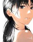  absurdres bare_shoulders black_eyes black_hair chainsaw_man expressionless highres kumah_dessu long_hair looking_at_viewer looking_back low_twintails mitaka_asa simple_background twintails white_background 