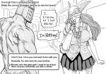  1boy 1girl absurdres alternate_universe bb_(baalbuddy) blush bow bowtie breasts cardigan choice commentary confession covered_eyes dialogue_box elden_ring english_commentary english_text helmet highres large_breasts long_hair malenia_blade_of_miquella mechanical_arms monochrome muscular muscular_male prosthesis prosthetic_arm scar scar_on_arm scar_on_leg scar_on_neck short_sleeves single_mechanical_arm skirt summer_uniform tarnished_(elden_ring) winged_helmet 