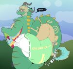  absurd_res anthro brown_eyes diaper dragon english_text fart feathered_wings feathers female green_body green_diaper hi_res horn looking_back maynara mostly_nude rune_factory scalie slightly_chubby solo tail tail_tuft text tuft ventuswill wings 