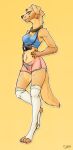  anthro bird_dog bottomwear bra camera canid canine canis clothed clothing collar domestic_dog female golden_retriever goldie_(saradrawsart) gym_bottomwear gym_clothing gym_shorts hi_res hunting_dog legwear looking_at_viewer mammal retriever saradrawsart shorts solo sports_bra standing thigh_highs underwear 