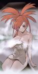  1girl bare_shoulders breasts cleavage flannery_(pokemon) highres large_breasts long_hair mole mole_on_breast naked_towel onsen pokemon pokemon_(game) pokemon_rse ponytail red_eyes red_hair solo steam thighs towel twitter_username vialnite wet 